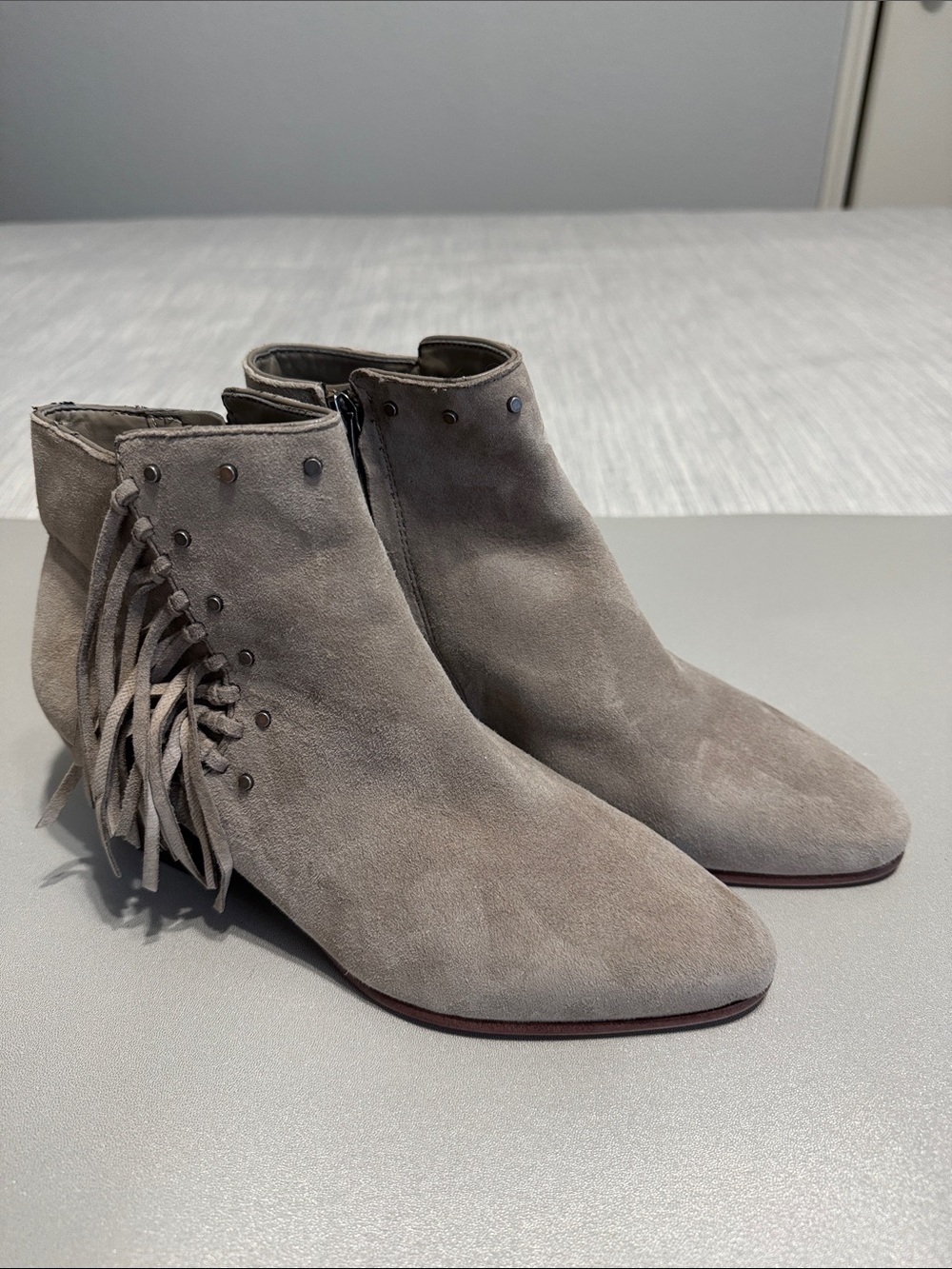 Sam Edelman Rudie Studded Fringe Suede Ankle Boots Taupe Grey Size 7